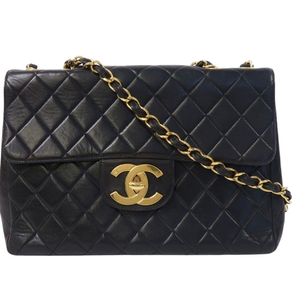 Authentic CHANEL Lambskin Leather Quilted CC Chain Shoulder Bag Black