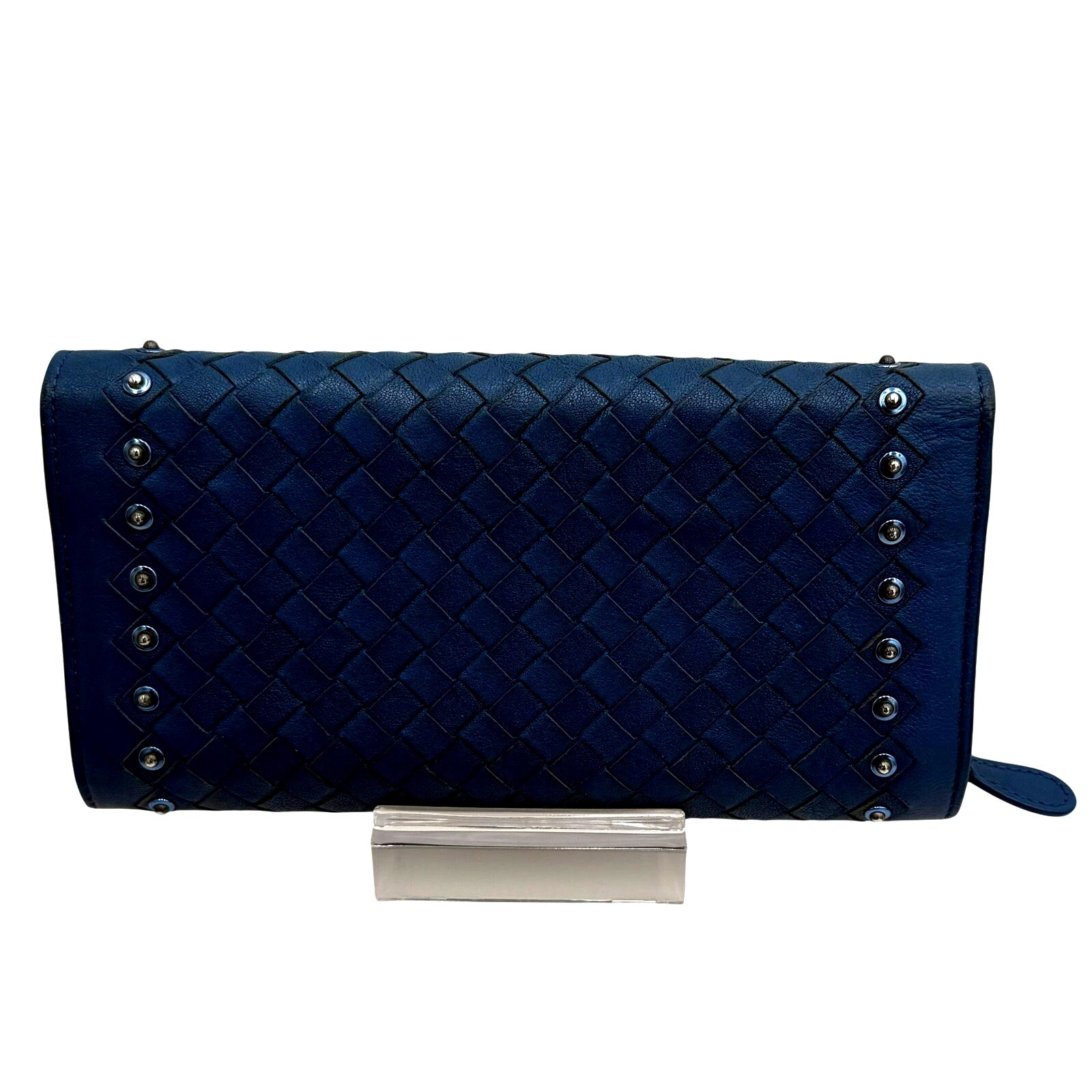 Authentic Bottega Veneta Intrecciato Studs Flap Long Wallet