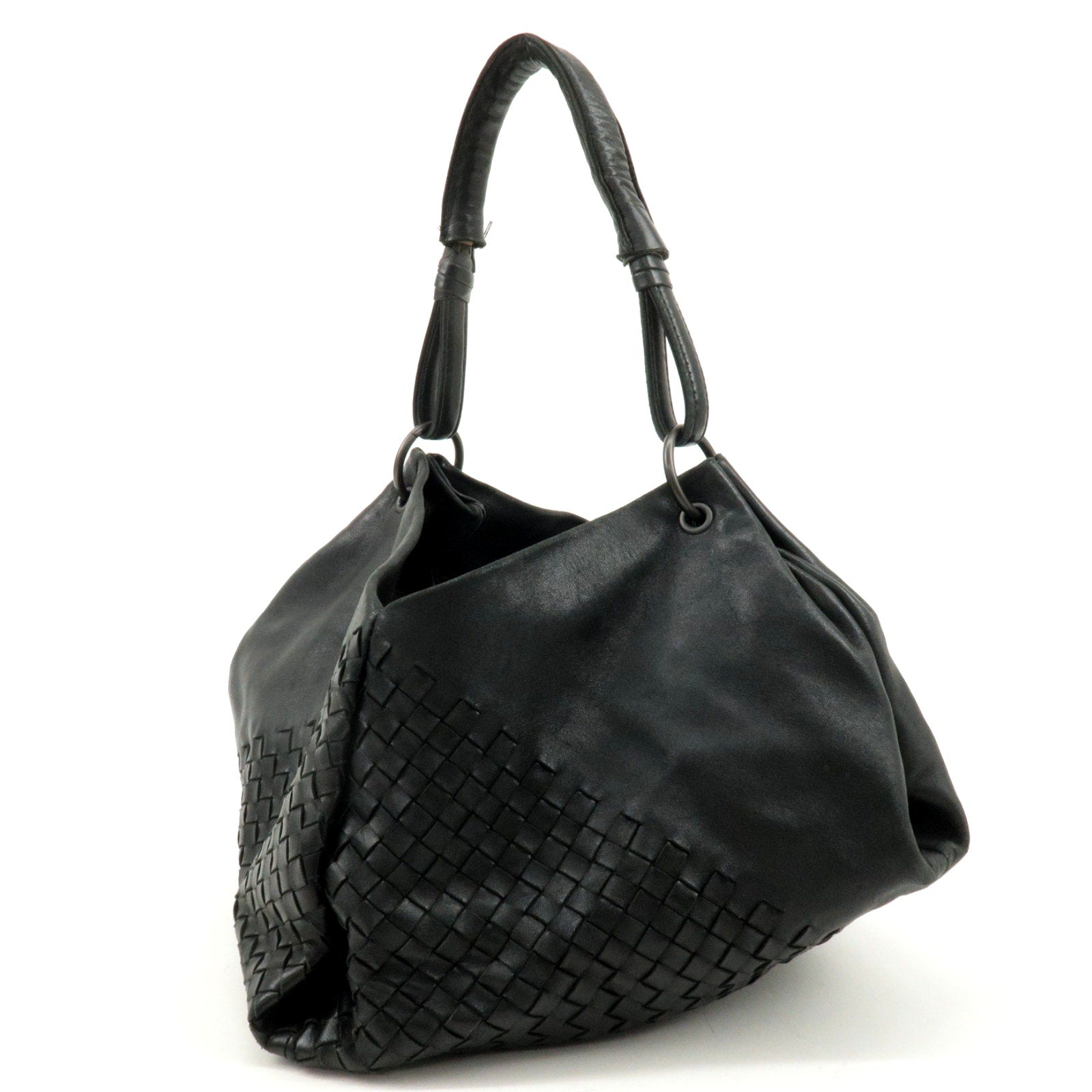 Authentic BOTTEGA VENETA Intrecciato Leather One-Shoulder Bag Black