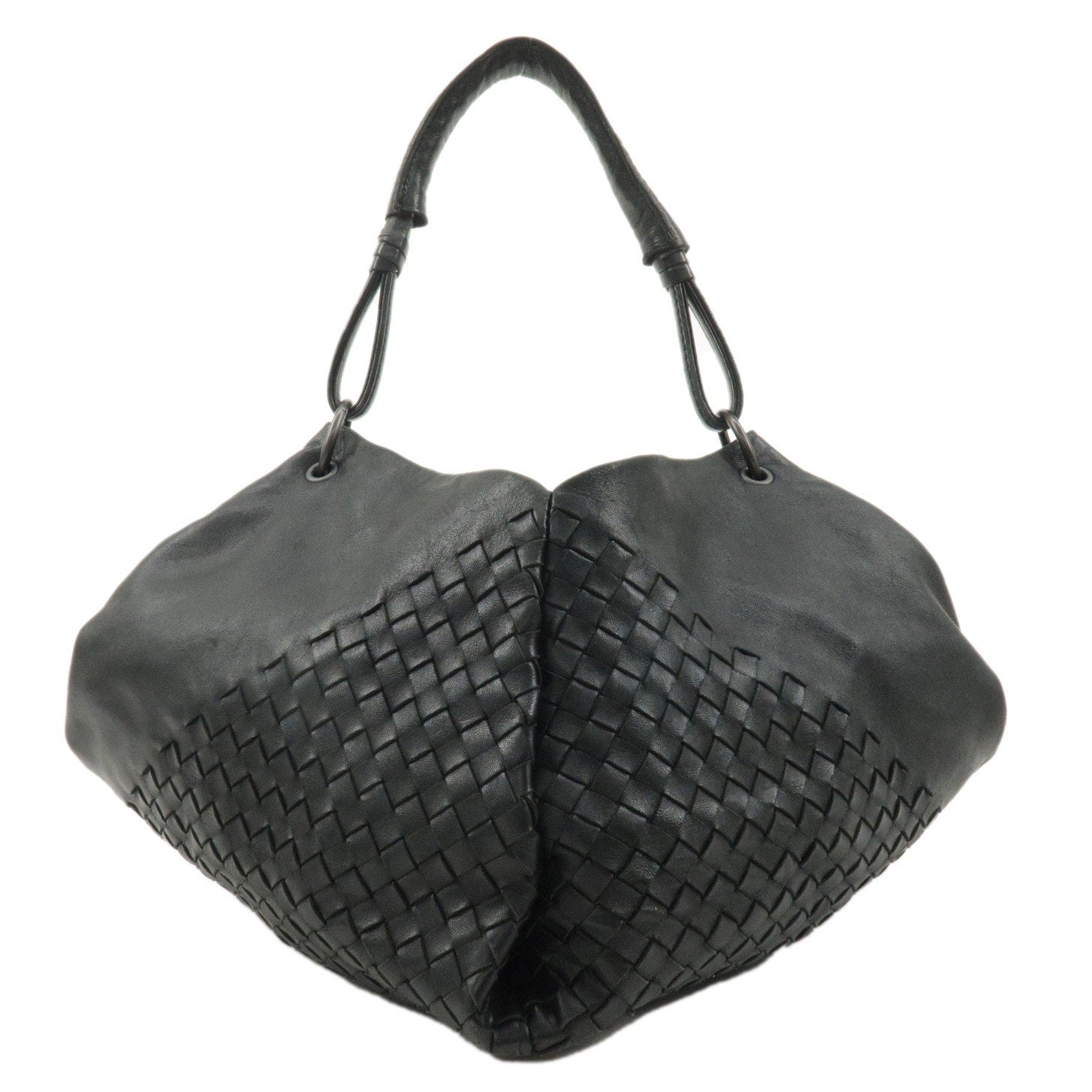 Authentic BOTTEGA VENETA Intrecciato Leather One-Shoulder Bag Black