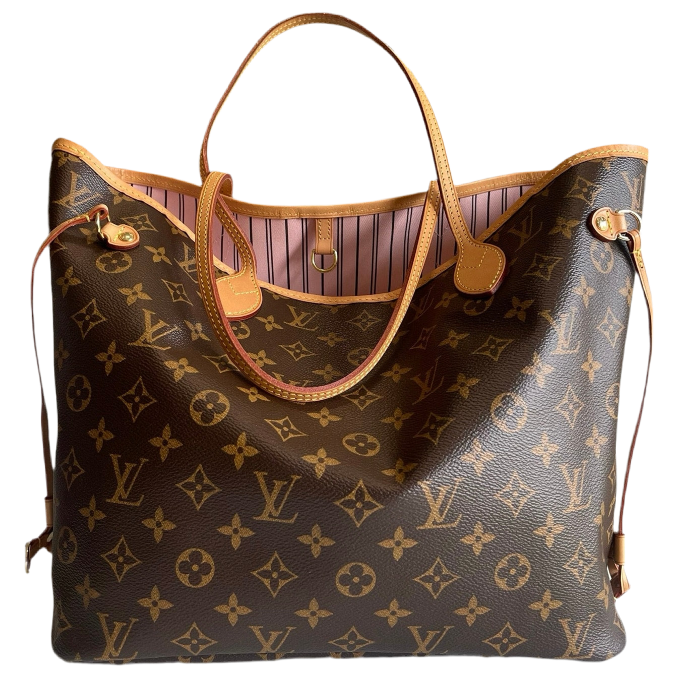 Authentic Louis Vuitton THE RARE interior color PINK Monogram Leather Neverfull MM Brown Tote Bag