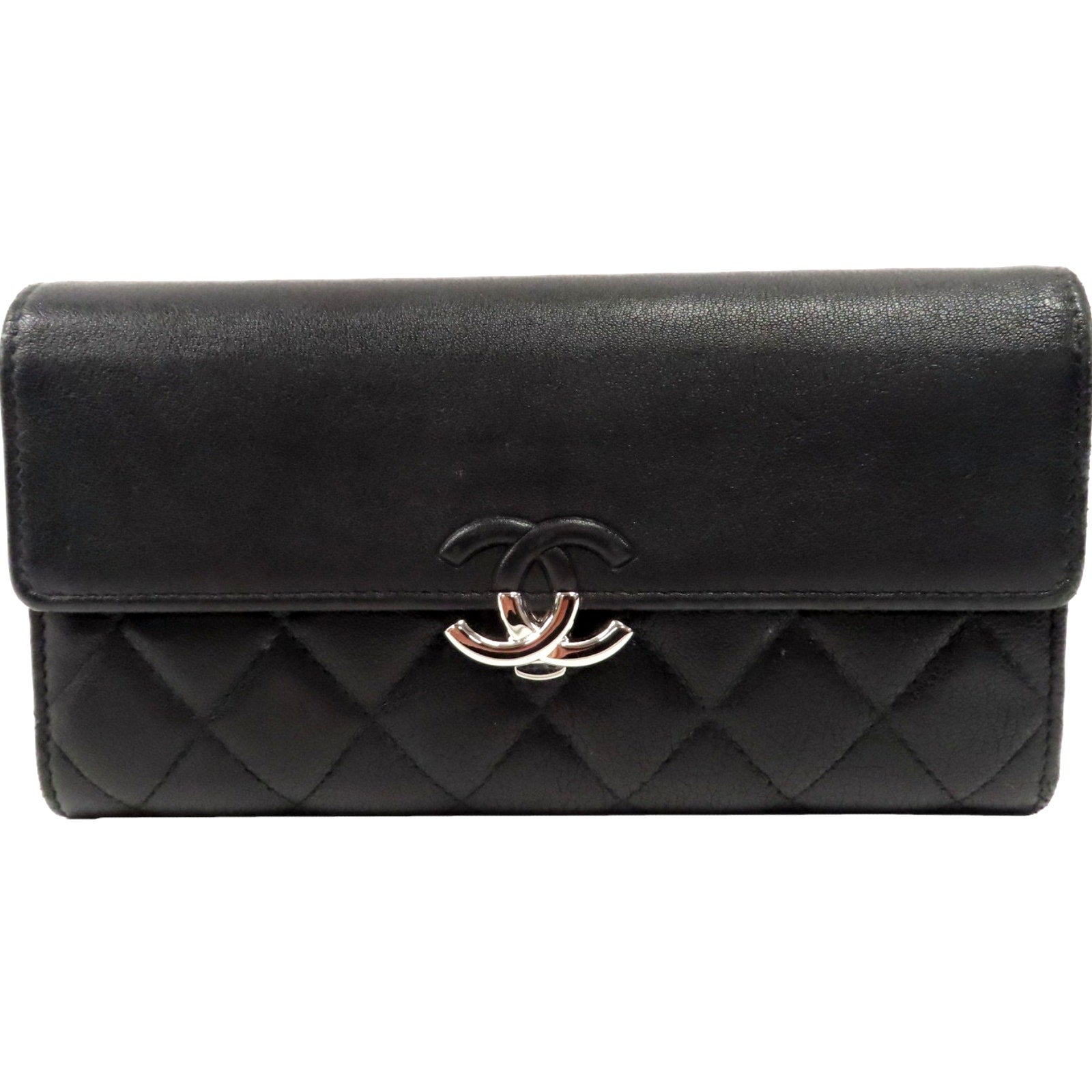 Authentic CHANEL Quilted Long Wallet Leather Black