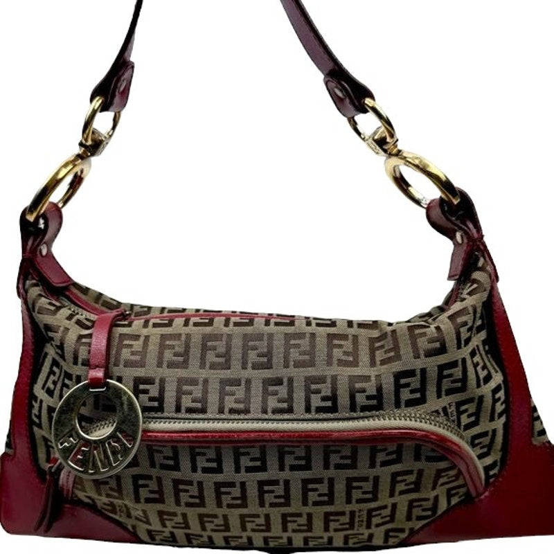 Authentic Fendi Zucchino Canvas Leather Red and Brown