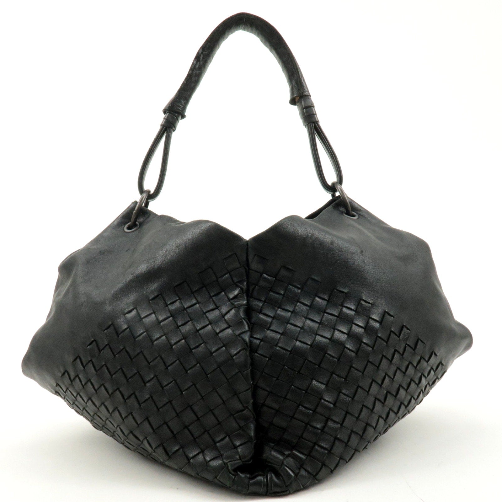 Authentic BOTTEGA VENETA Intrecciato Leather One-Shoulder Bag Black