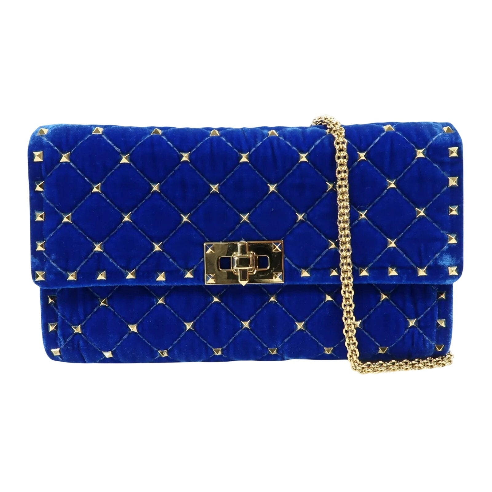 Authentic Valentino Gold Hardware Chain Shoulder Bag Velvet Blue