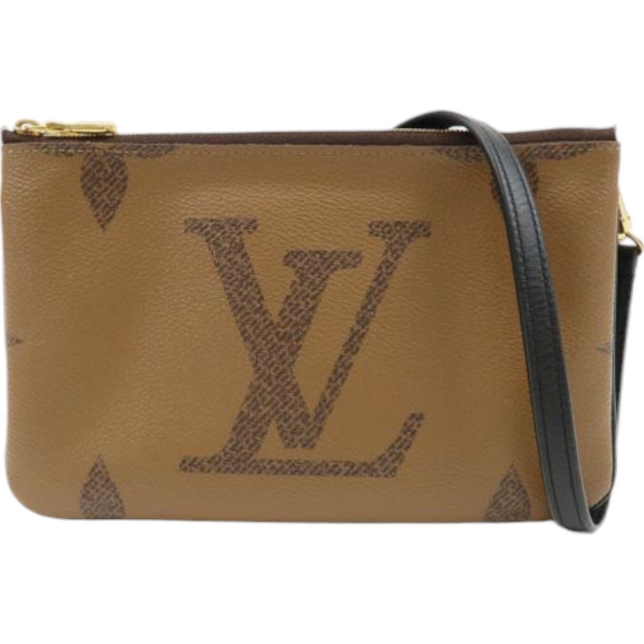 Authentic Louis Vuitton Monogram Canvas Leather Reverse Pochette Double Zip Bag Brown