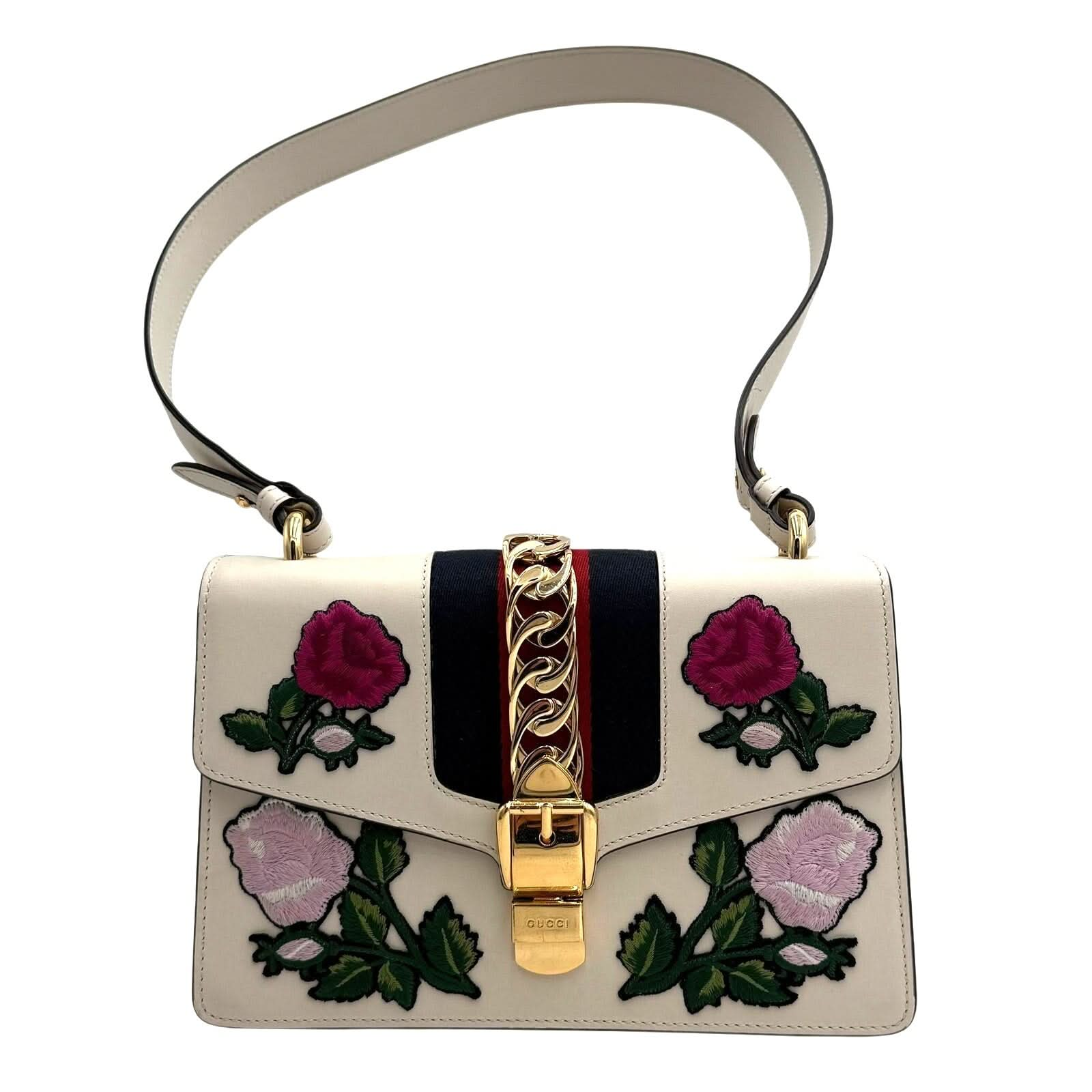 Authentic Gucci Floral Embroidery Sylvie Shoulder Bag