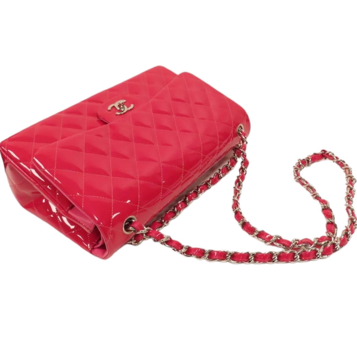 CHANEL Quilted CC Jumbo Classic Flap Chain Shoulder Bag Patent Leather Pink