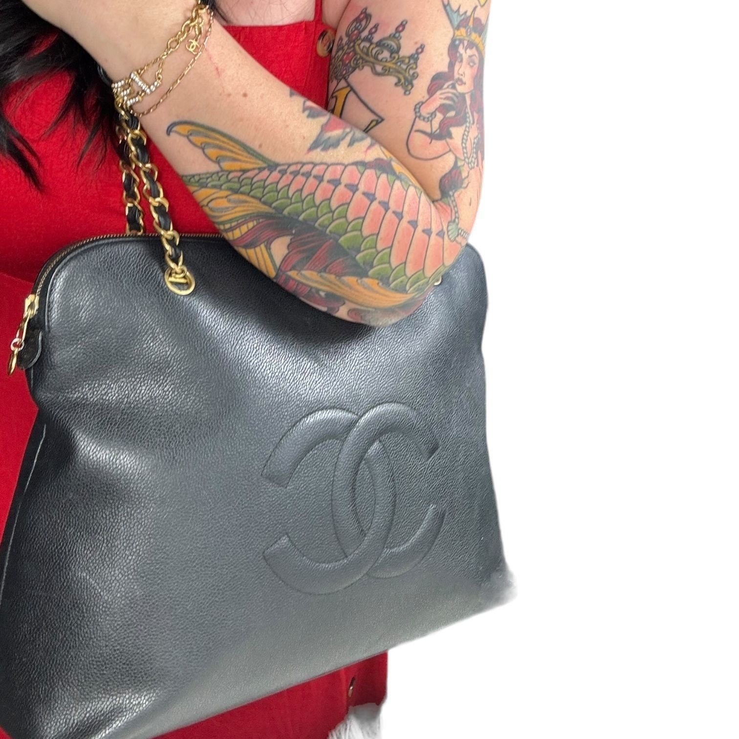 Authentic CHANEL Coco Mark Chain Shoulder Bag Black Gold