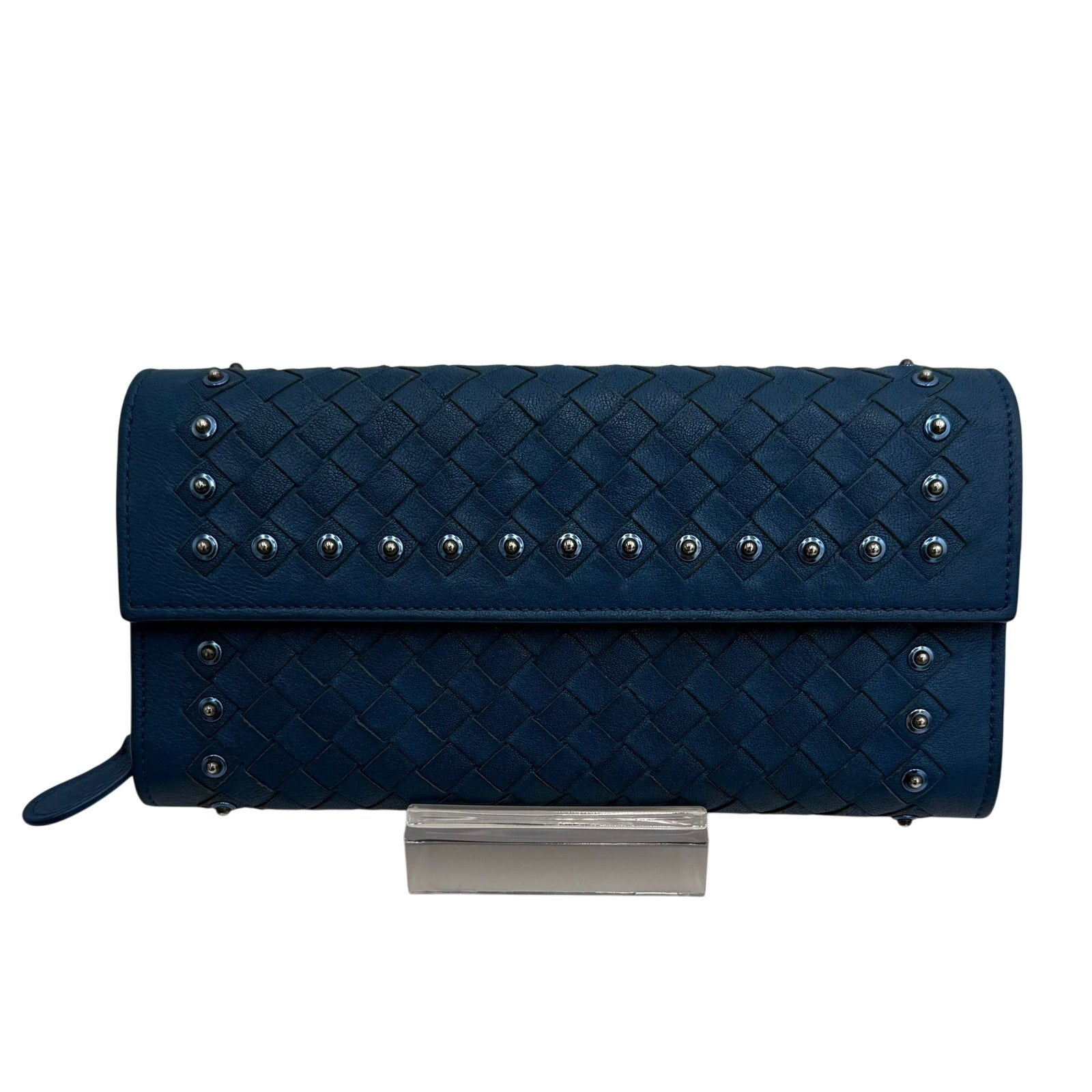 Authentic Bottega Veneta Intrecciato Studs Flap Long Wallet