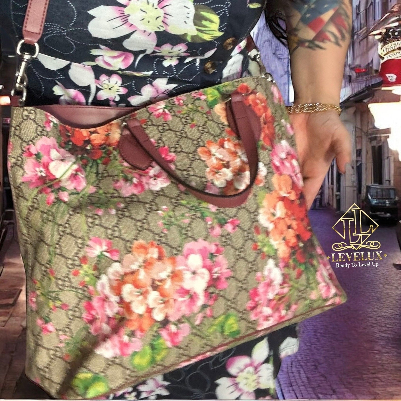Authentic GUCCI Tote Bag 2-way Flower GG Blooms Multicolor