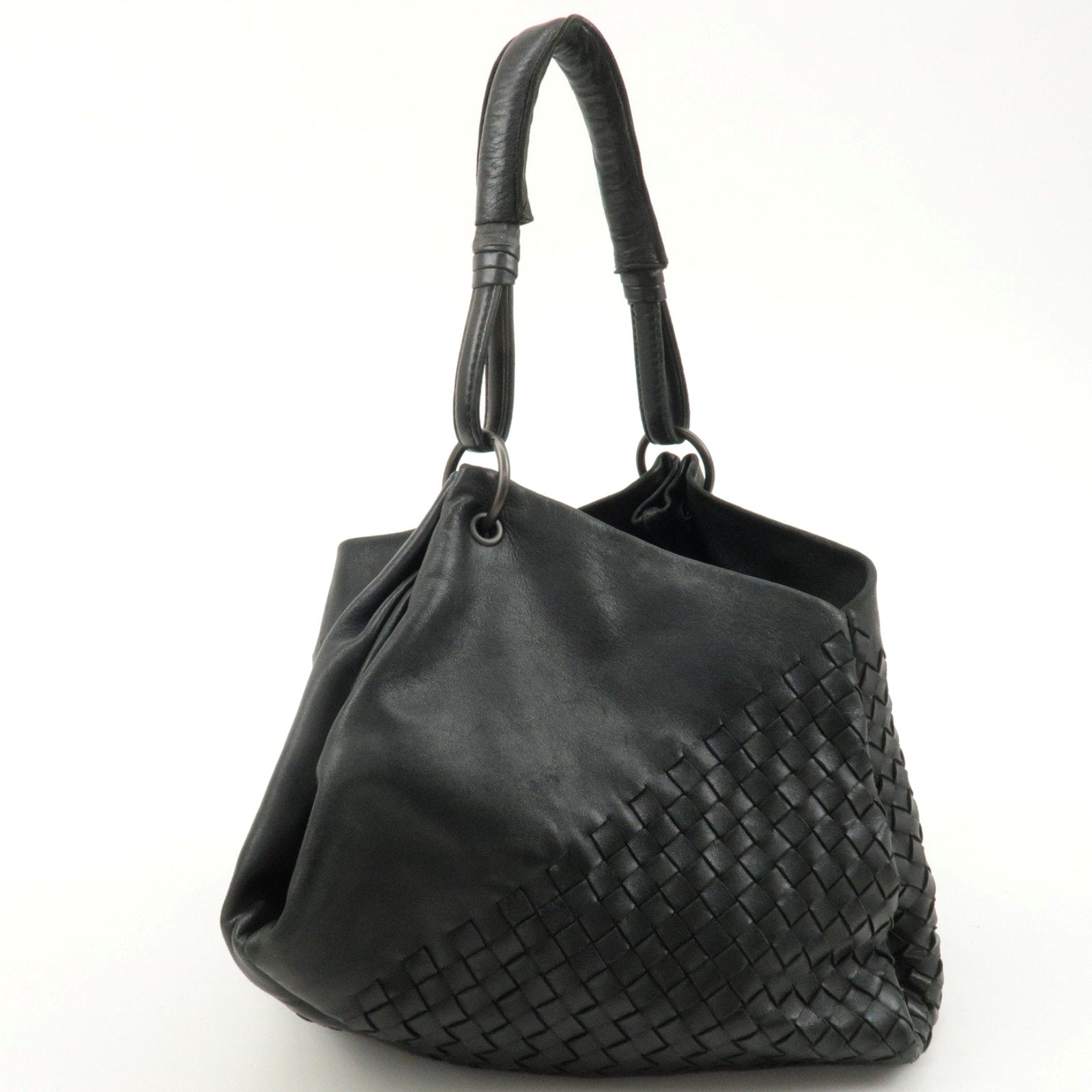 Authentic BOTTEGA VENETA Intrecciato Leather One-Shoulder Bag Black