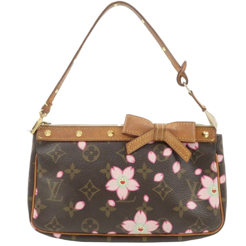 Authentic Louis Vuitton Monogram Canvas Leather Cherry Blossom Brown Pochette