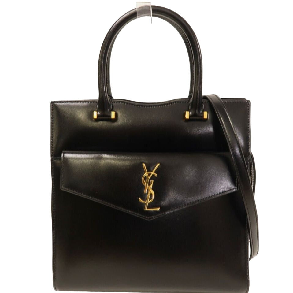 Authentic SAINT LAURENT YSL Leather Uptown 2 Way Tote Bag Black