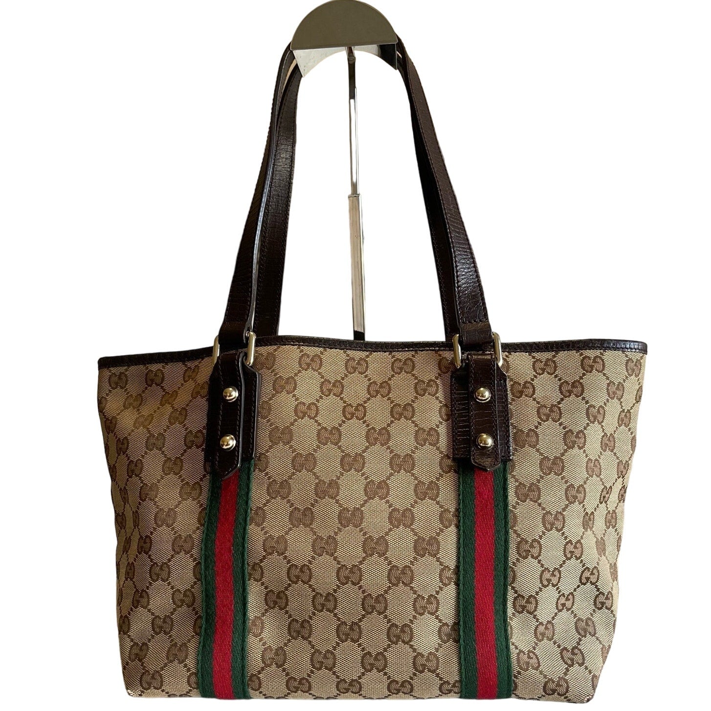 Authentic Gucci Sherry Line Leather Jacquard Tote Bag