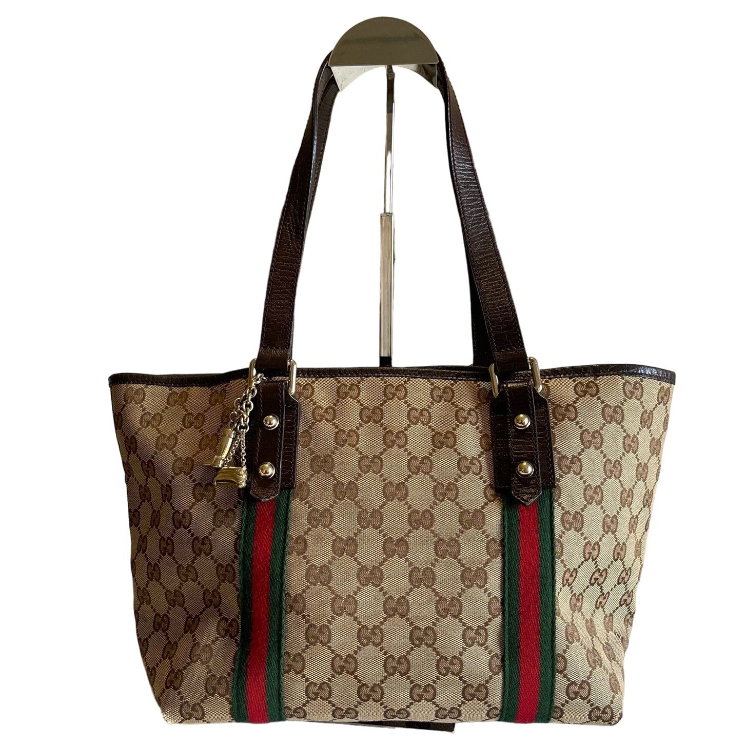 Authentic Gucci Sherry Line Leather Jacquard Tote Bag