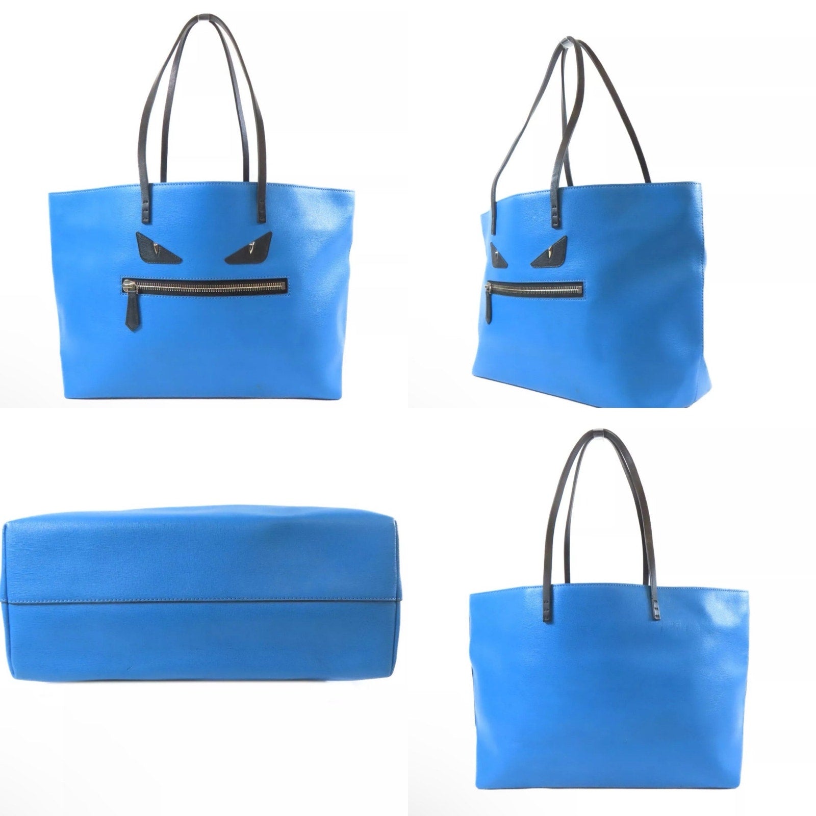 Authentic FENDI Leather Shoulder Bags Monster Roll Tote Bag Blue